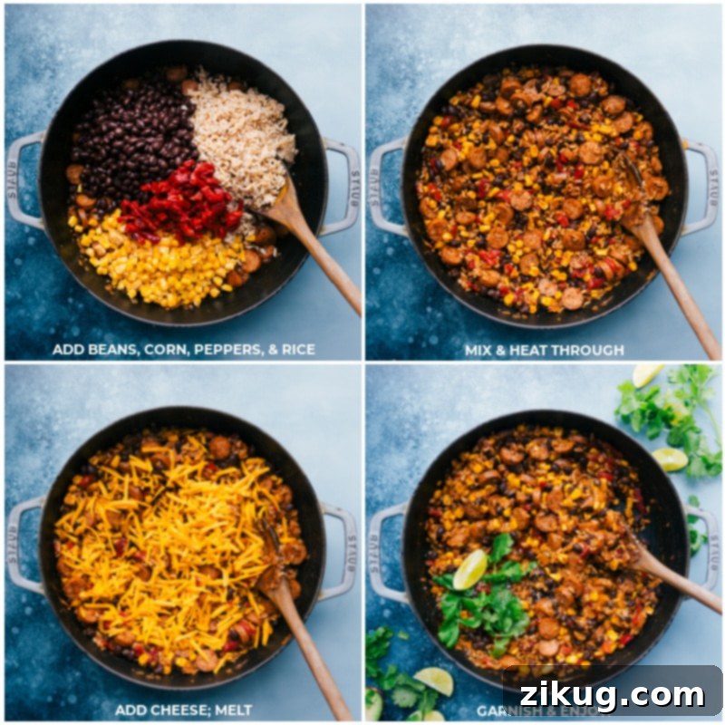 Perfectly Cooked One-Skillet Sausage and Rice with Melty Cheese The finished one-skillet sausage and rice meal, loaded with melty cheese, beans, corn, and peppers, ready to be served from the pan.