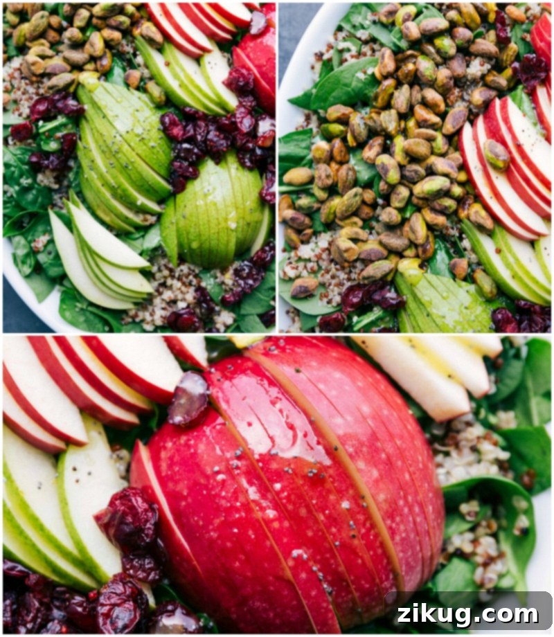 Sliced pears and apples being added to the cranberry apple quinoa salad.