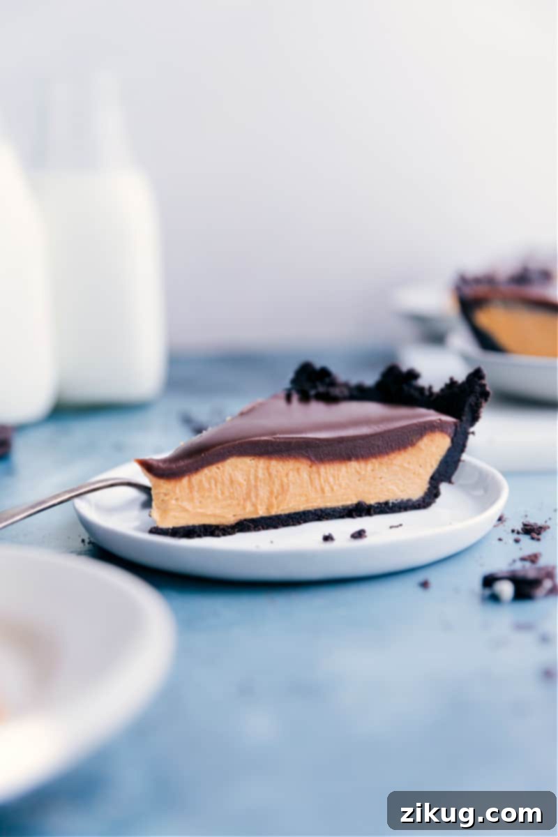 Indulge in this amazing No-Bake Chocolate Peanut Butter Pie with a simple Oreo cookie crust, luscious peanut butter filling, and smooth chocolate ganache topping. An easy and quick recipe via ChelseasMessyApron #dessert #best #quick #easy #simple #indulgent #chocolate #peanutbutter #pie A perfect slice of No-Bake Peanut Butter Chocolate Pie on a white plate, revealing its distinct layers of Oreo crust, creamy peanut butter filling, and shiny chocolate ganache.