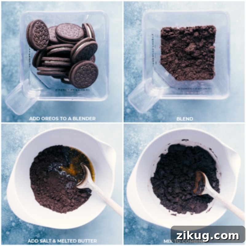 Making the perfect Oreo cookie crust for our Chocolate Peanut Butter Pie. This simple base is the first step to a luscious peanut butter filling. Recipe via ChelseasMessyApron #dessert #best #quick #easy #simple #indulgent #chocolate #peanutbutter #pie Process shots showing Oreos being blended into crumbs and then mixed with melted butter and salt to form the pie crust.