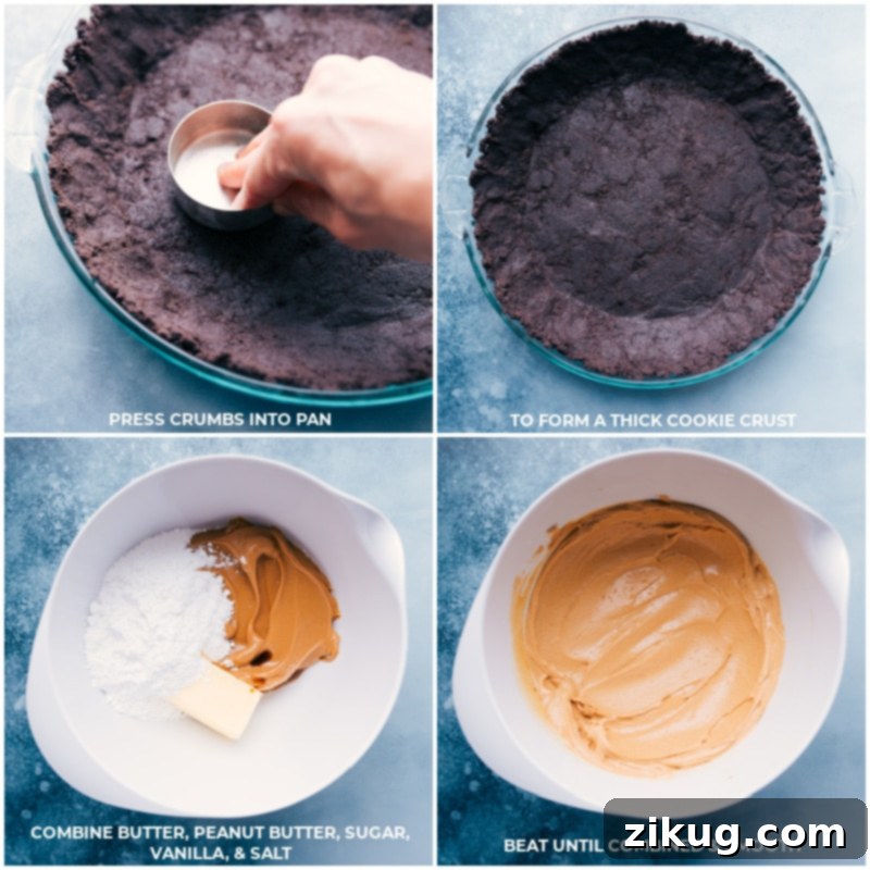 The second step in our Chocolate Peanut Butter Pie involves pressing the thick cookie crust and then preparing the luscious and sweet peanut butter filling. Recipe via ChelseasMessyApron #dessert #best #quick #easy #simple #indulgent #chocolate #peanutbutter #pie Process shots showing how to firmly press the Oreo crumbs into a pie pan and then combining and beating the peanut butter filling ingredients until smooth and creamy.