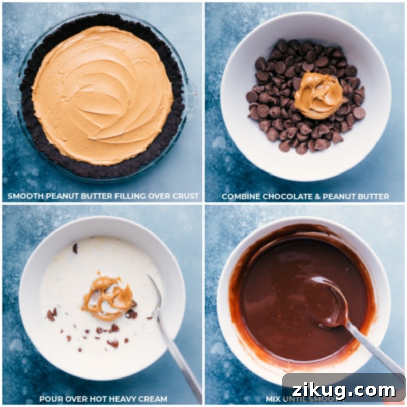 The final steps for our Chocolate Peanut Butter Pie! Spreading the filling, making the simple chocolate ganache topping -- no baking required for this recipe! Recipe via ChelseasMessyApron #dessert #best #quick #easy #simple #indulgent #chocolate #peanutbutter #pie Process shots demonstrating how to spread the peanut butter filling over the Oreo crust, combine chocolate chips and peanut butter, and then mix with hot cream until smooth to create the ganache topping.