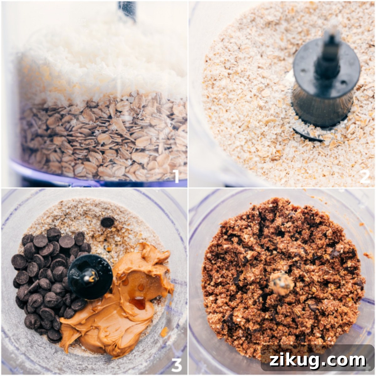 Simple Steps to Delicious Cookies And Cream Energy Bites All the base ingredients for Cookies and Cream Energy Bites are being added to a food processor and blended to a smooth, consistent mixture.