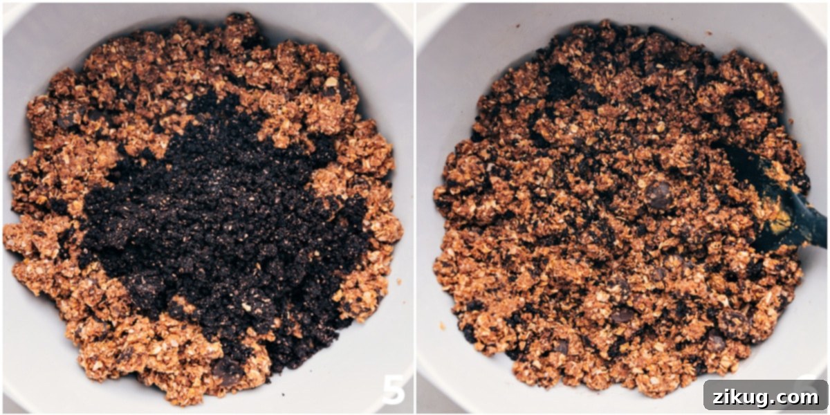 Mixing Delicious High Protein Energy Bites The delicious homemade Oreo crumble being thoroughly mixed into the base ingredients for these Cookies and Cream Energy Bites, ensuring every bite is flavorful.