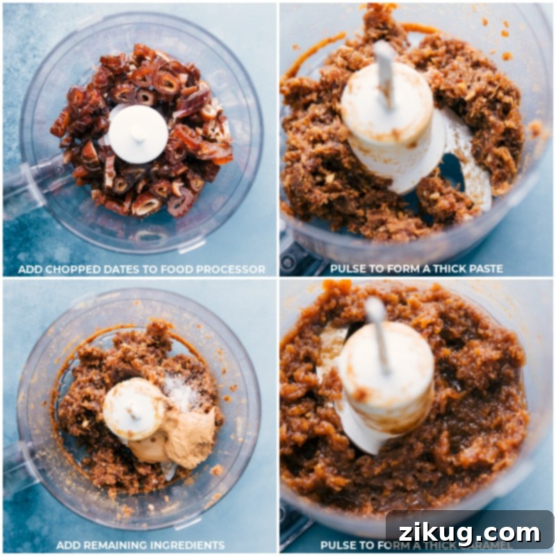 Crafting Healthy Chocolate-Covered Caramels: From simple dates to a delicious caramel-like filling. Recipe via ChelseasMessyApron. Process shots showing dates being chopped in a food processor, transforming into a thick paste for Healthy Chocolate-Covered Caramels.