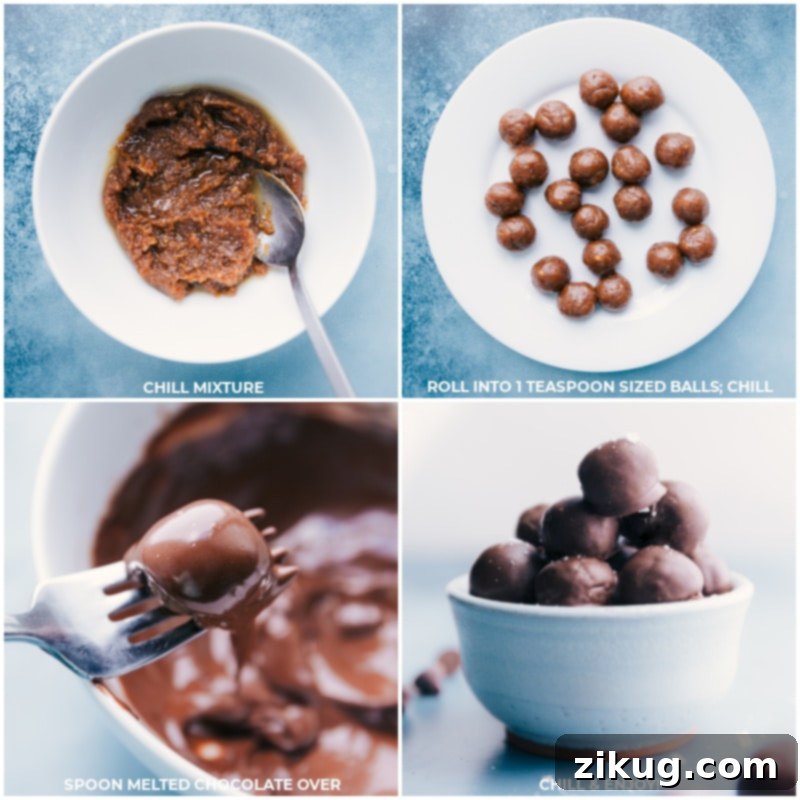 The journey to the best ever Healthy Chocolate-Covered Caramels: forming the date filling and expertly coating it in dark chocolate for a nutritious, refined sugar-free delight. Recipe via ChelseasMessyApron. Process shots for Healthy Chocolate-Covered Caramels, illustrating the rolling of date mixture into balls and dipping them into melted chocolate.