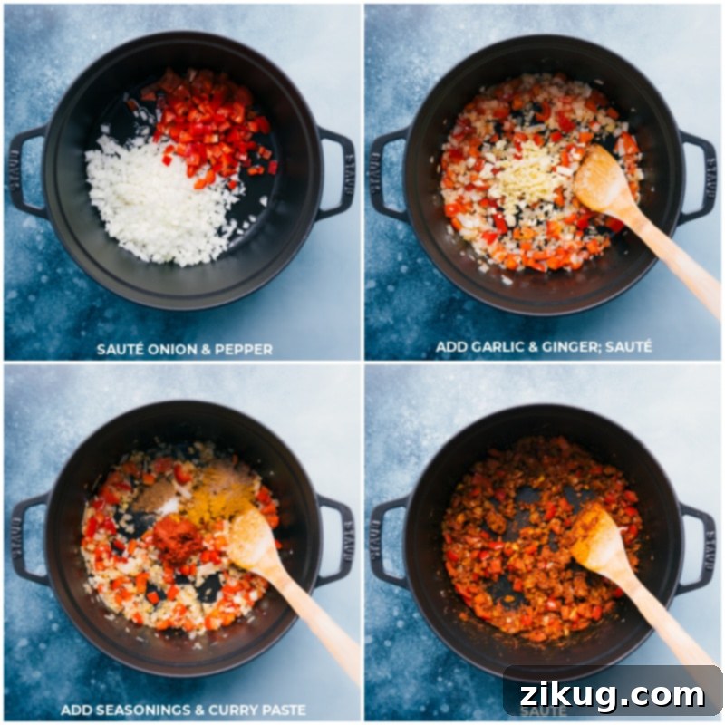 Tropical Mango Chicken Curry 4 Process shots showing vegetables being sautéed, then garlic, ginger, spices, and curry paste added to the pan.