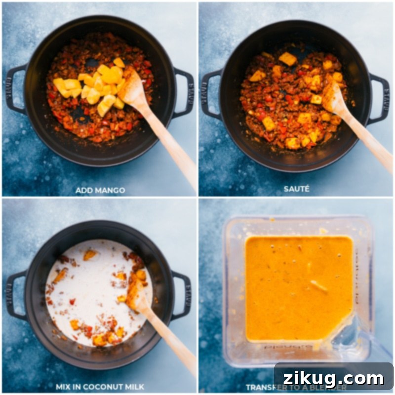Tropical Mango Chicken Curry 5 Process shots of the Mango Chicken Curry, showing mango being added and sautéed, followed by coconut milk, and then the mixture being transferred to a blender.