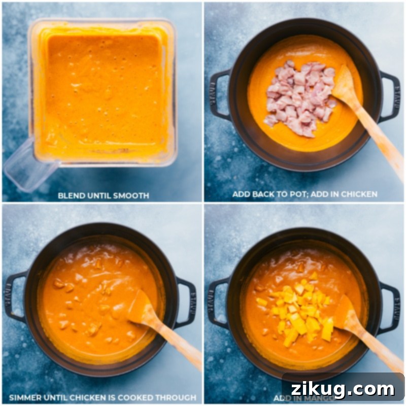 Tropical Mango Chicken Curry 6 Process shots showing the blended curry mixture returned to the pot, chicken being added and simmering, and finally, fresh mango being stirred in.