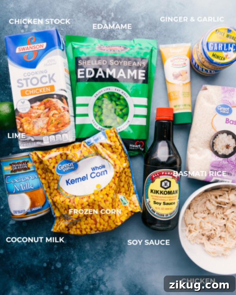 Assembled ingredients, including chicken stock, edamame, ginger, garlic, lime, coconut milk, frozen corn, soy sauce, basmati rice, and cooked chicken.