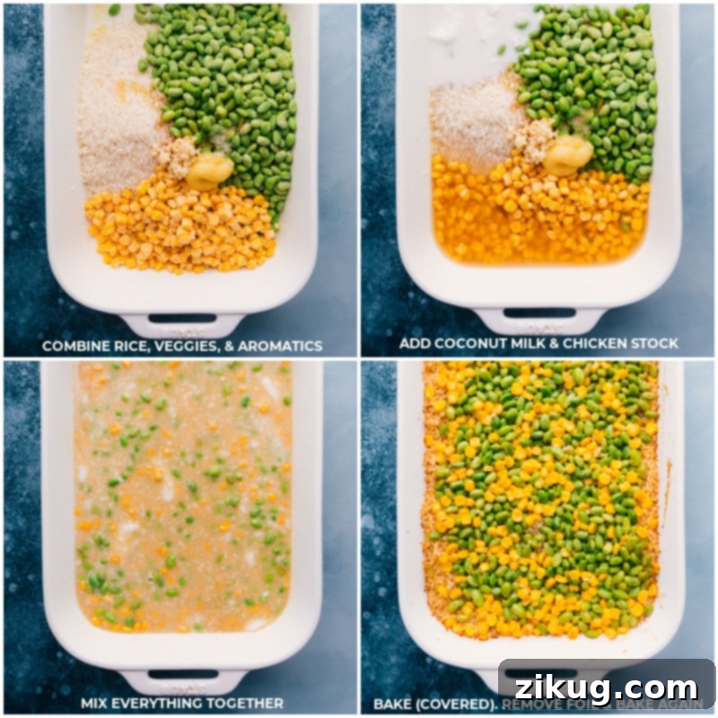 The first four steps for making coconut chicken and rice: 1. Combine rice, veggies, and aromatics. 2. Add coconut milk and chicken stock. 3. Mix everything together. 4. Bake (covered in foil), remove foil, and bake again.