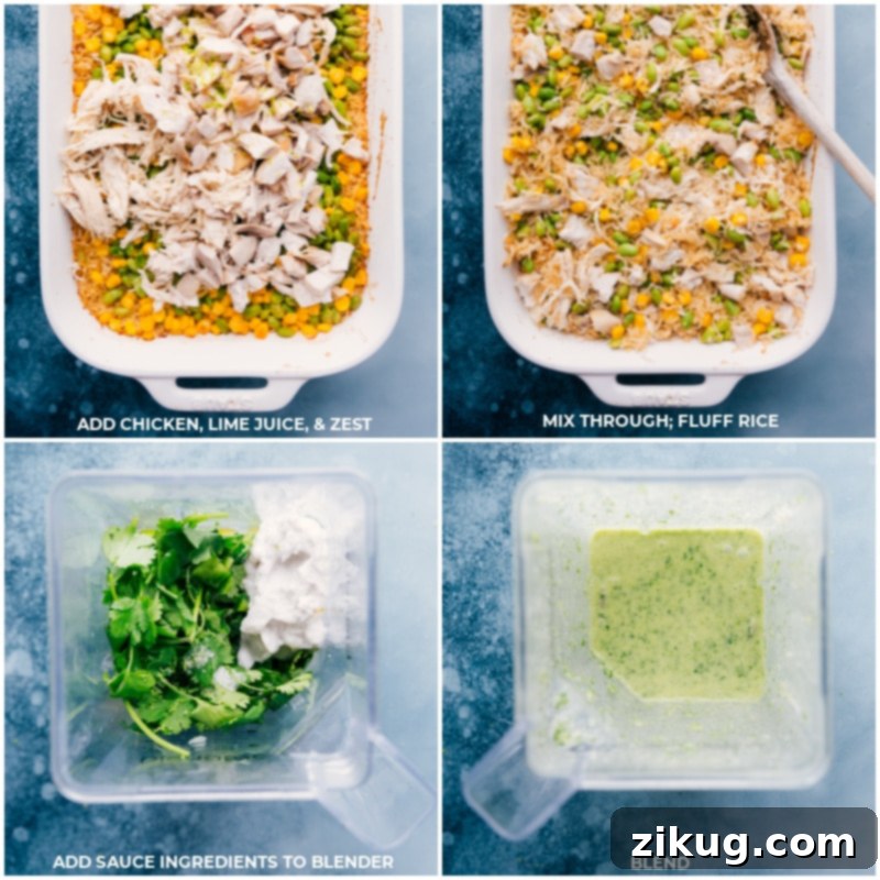Steps five through eight for making this dish: 5. Add chicken, lime juice, and lime zest. 6. Mix through; fluff rice. 7. Add sauce ingredients to blender. 8. Blend
