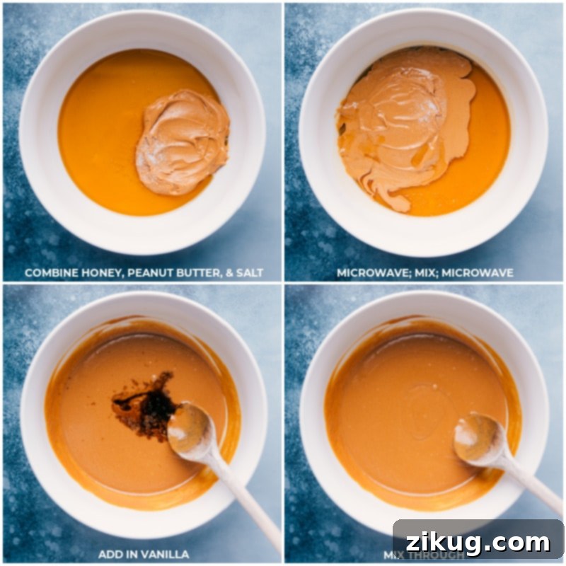 Process shots showing honey, peanut butter, and salt being microwaved and mixed, followed by vanilla extract being added.
