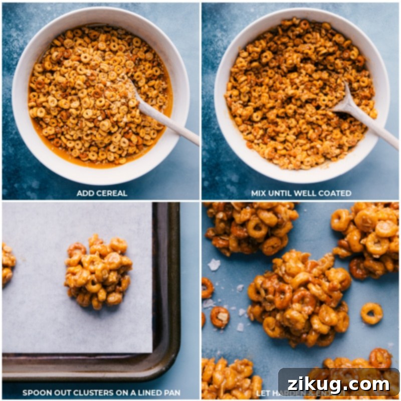 Process shots of the peanut butter cereal bites, showing cereal being added, mixed, and then placed on a lined pan to harden.