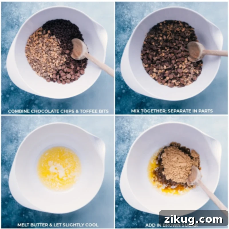 Process images showing chocolate chips being mixed and the cookie dough base being prepared with melted butter and brown sugar Process shots-- images of the chocolate chips being mixed together and set to the side and then the cookie base being started with melted butter and brown sugar