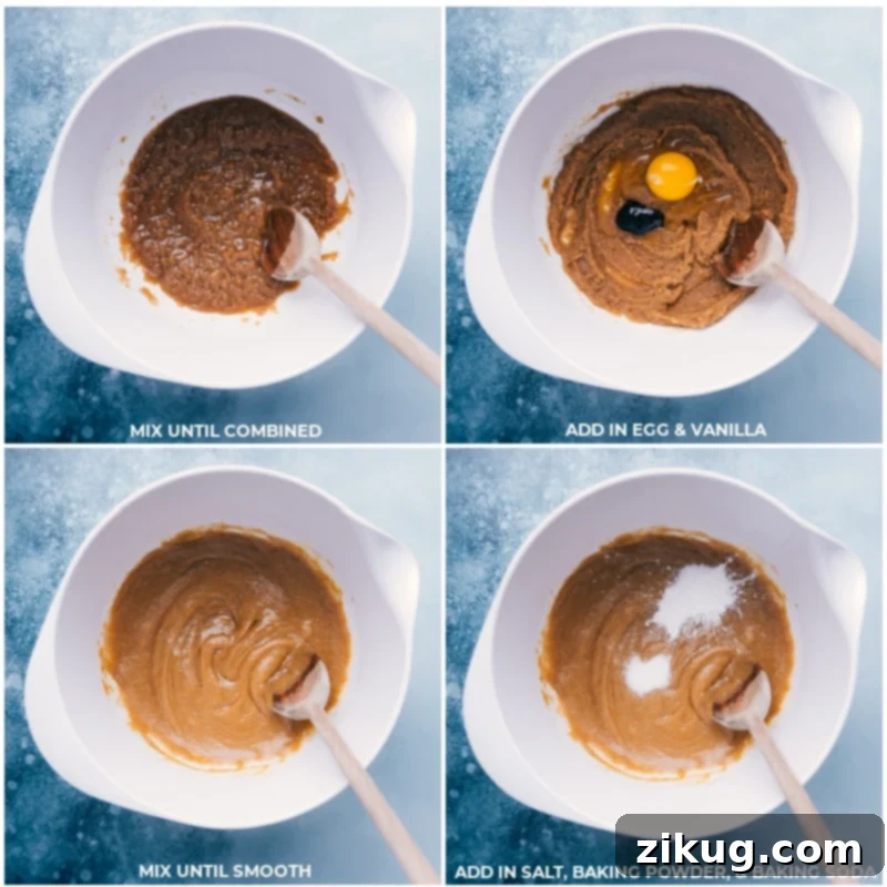 Process photos: Mixing egg, vanilla, salt, baking powder, and baking soda into the cookie dough for Gideon's copycat Process shots of the Gideon's Bakehouse Cookie Recipe Copycat-- images of the egg, vanilla, salt, baking powder, and baking soda being added to a bowl and mixed together