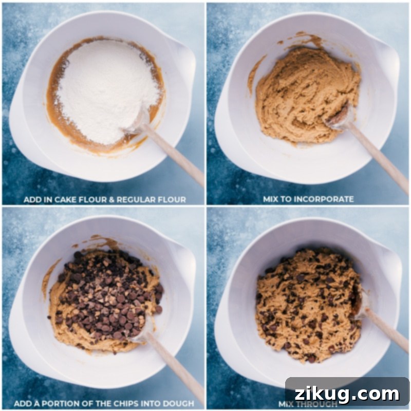Process of combining cake flour, all-purpose flour, and chocolate chips for the Gideon's Bakehouse Cookie dough Process shots of the Gideon's Bakehouse Cookie-- images of the cake flour, regular flour, and chocolate chips being added to a bowl and mixed together