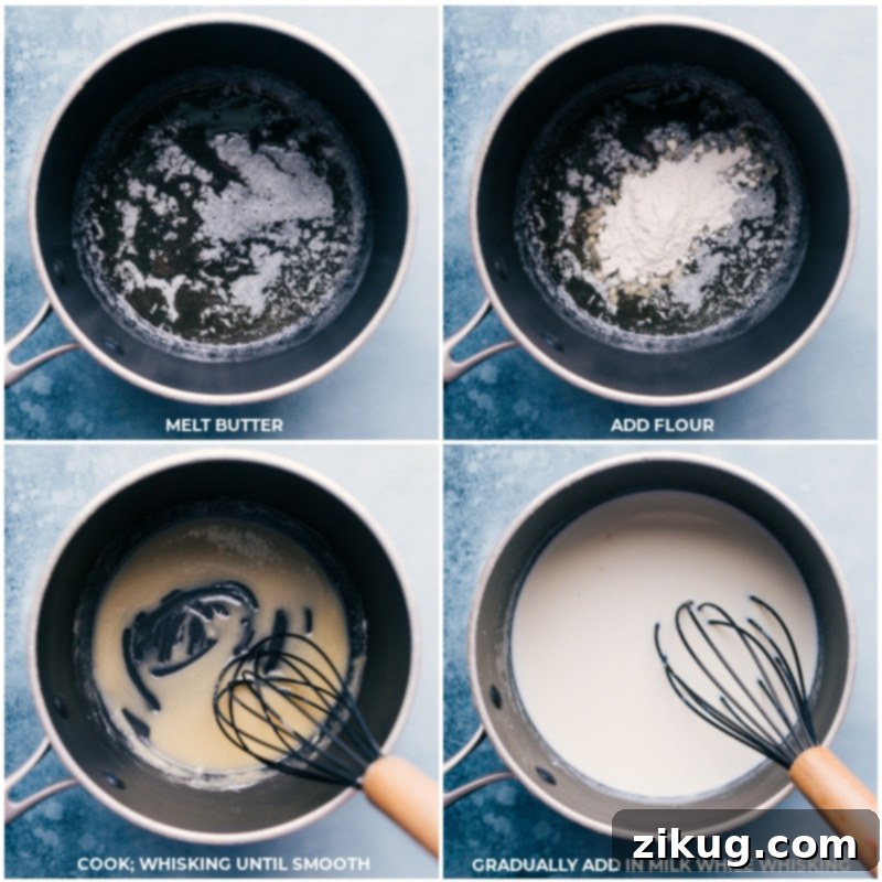 A step-by-step image showing melted butter and flour being whisked in a pot, followed by the slow addition of milk to create a smooth, creamy roux for the pot pie base.