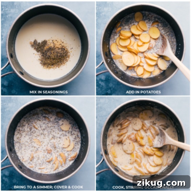 Adding various seasonings and thinly sliced potatoes to a simmering cream sauce, then gently cooking until the potatoes are tender and fully infused with flavor for the pot pie filling.