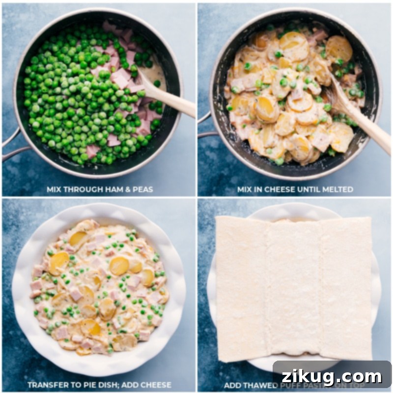 A sequence of images showing the assembly of ham and potato pot pie: adding the ham and peas to the potato mixture, transferring the creamy filling to a pie dish, and finally, placing the thawed puff pastry on top, ready for baking.