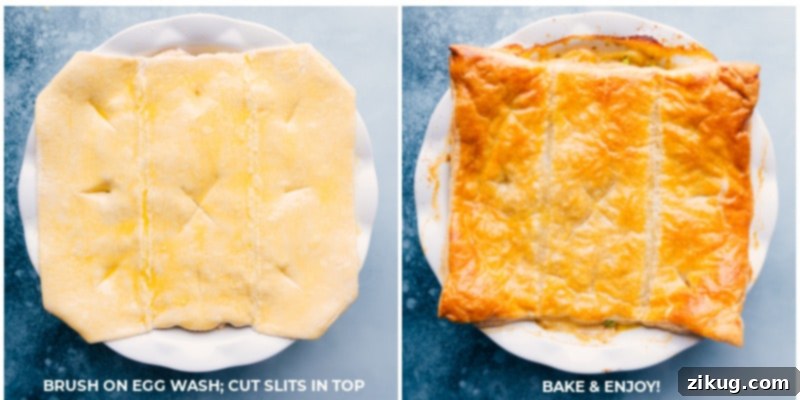 A side-by-side comparison of Ham and Potato Pot Pie before baking with its pale puff pastry, and after baking, displaying a beautifully golden, puffed crust and bubbling filling.