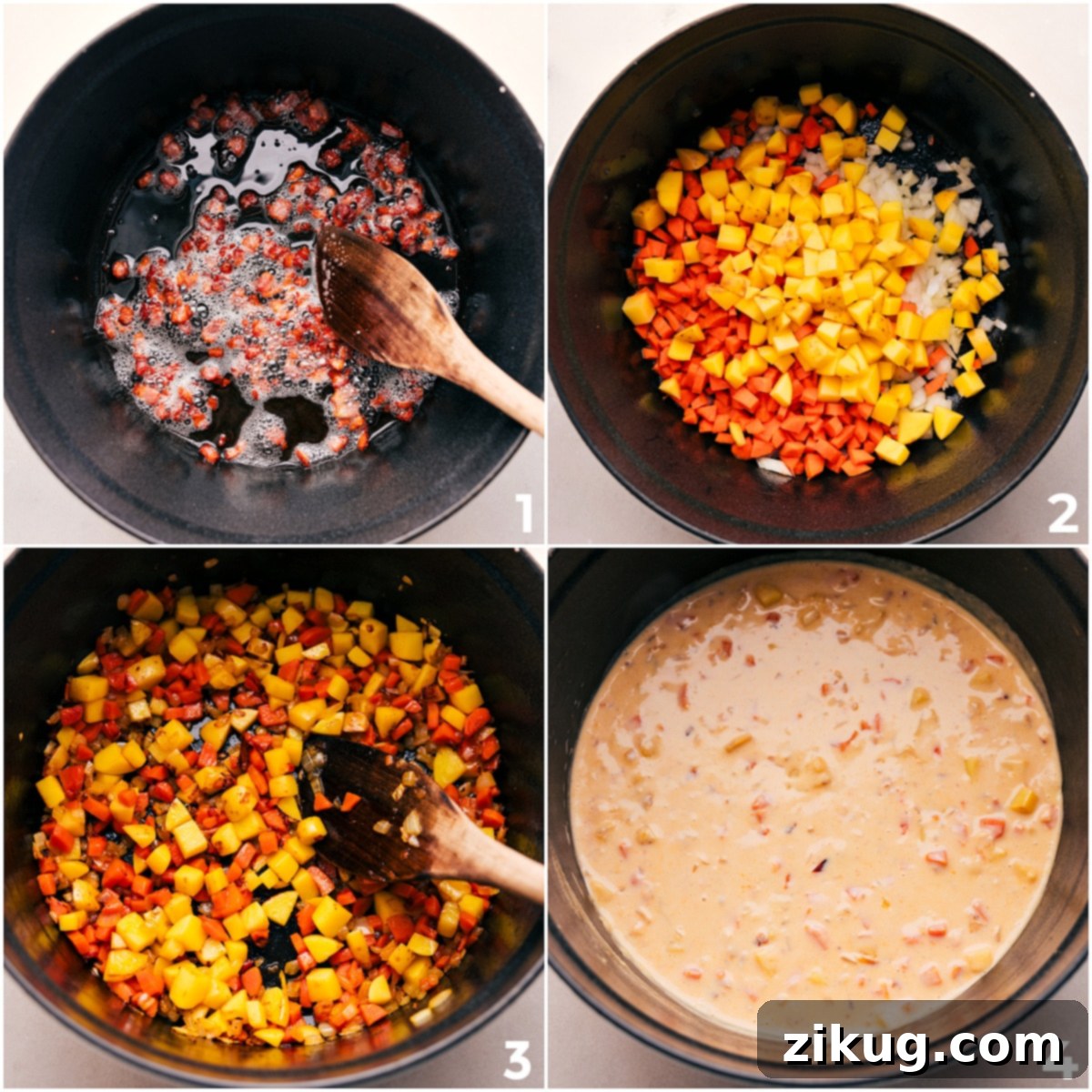 How To Make Corn Chowder Pot Pie Crispy bacon, sautéed vegetables, and a rich, creamy sauce simmering in a large pot, ready for the chicken, corn, and cheese to be added for the Corn Chowder Pot Pie filling.