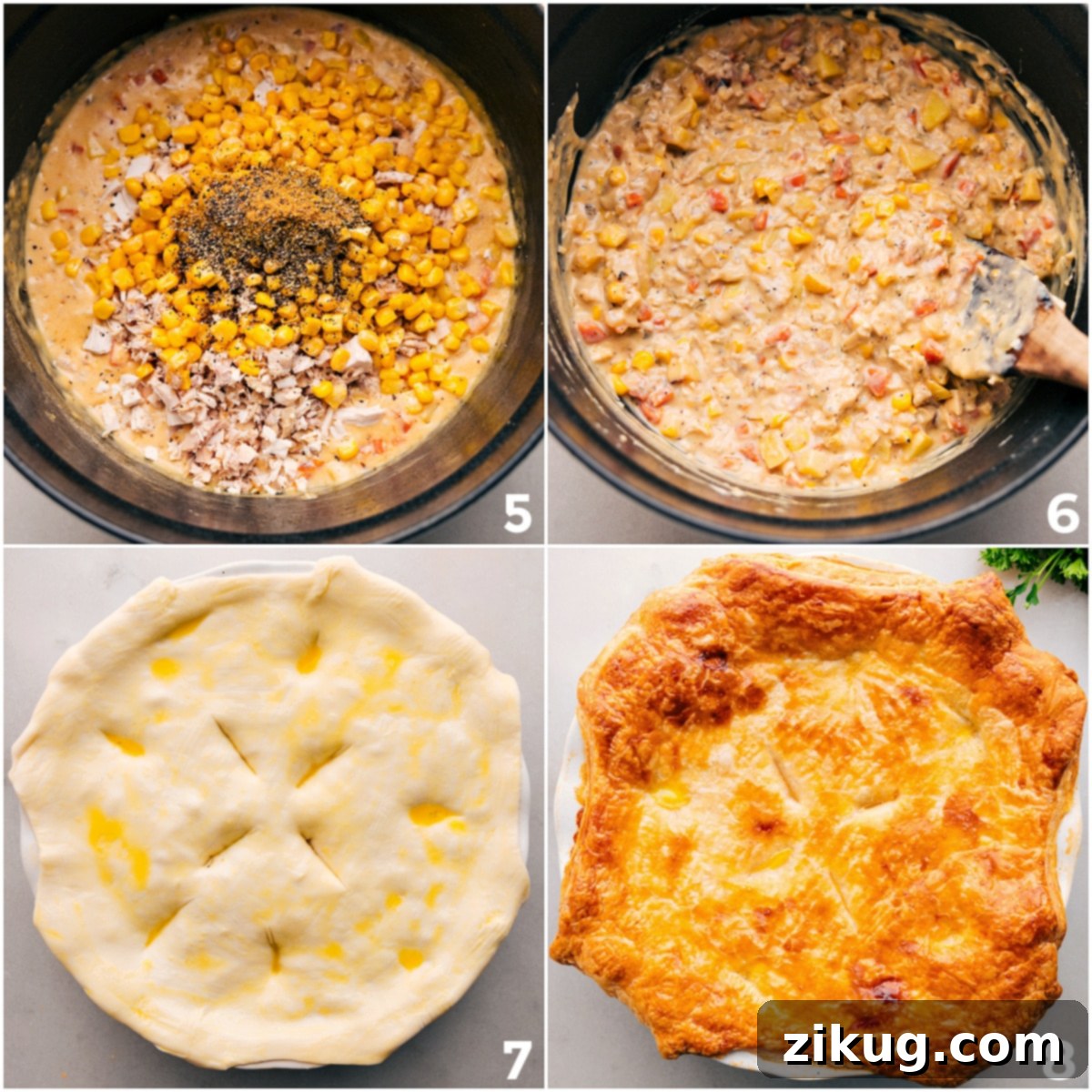 How To Assemble And Bake Corn Chowder Pot Pie The creamy corn chowder filling is poured into a pie dish, topped with a sheet of golden puff pastry, brushed with egg wash, and scored with vents before baking to perfection.