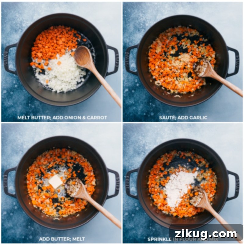Process shots showing vegetables being sautéed and butter and flour being mixed for the roux
