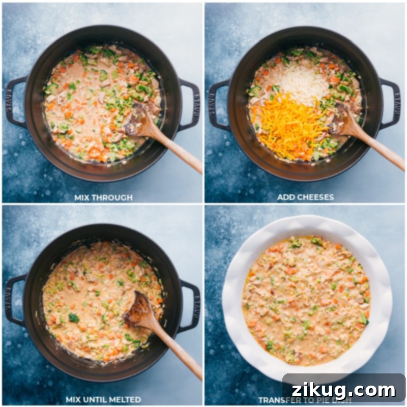 Process shots: Cheese being added to the filling, then the mixture being transferred to a pie dish