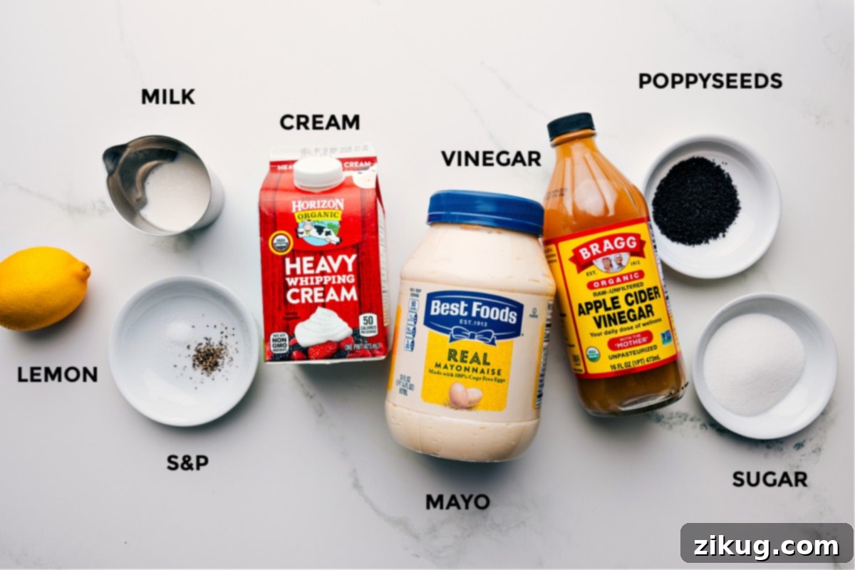 Ingredients In Poppyseed Dressing Recipe All the essential ingredients for this poppyseed dressing recipe, prepped and ready for assembly. This includes fresh lemon, milk, cream, various seasonings, apple cider vinegar, poppyseeds, and granulated sugar.