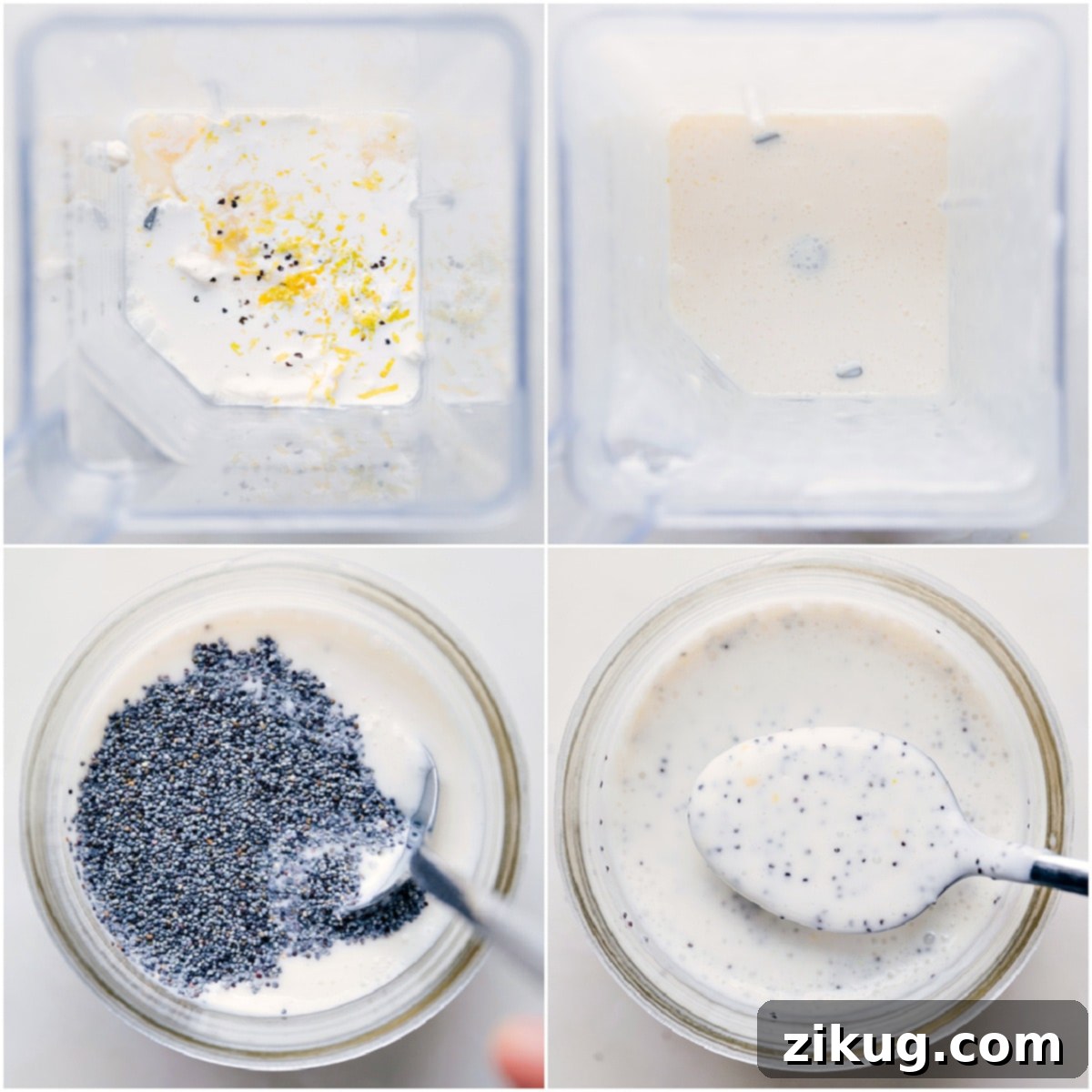 How To Make Poppyseed Dressing Recipe The process of making poppyseed dressing: first, ingredients are blended until smooth, then the finished dressing is poured into a mason jar with poppyseeds stirred in.
