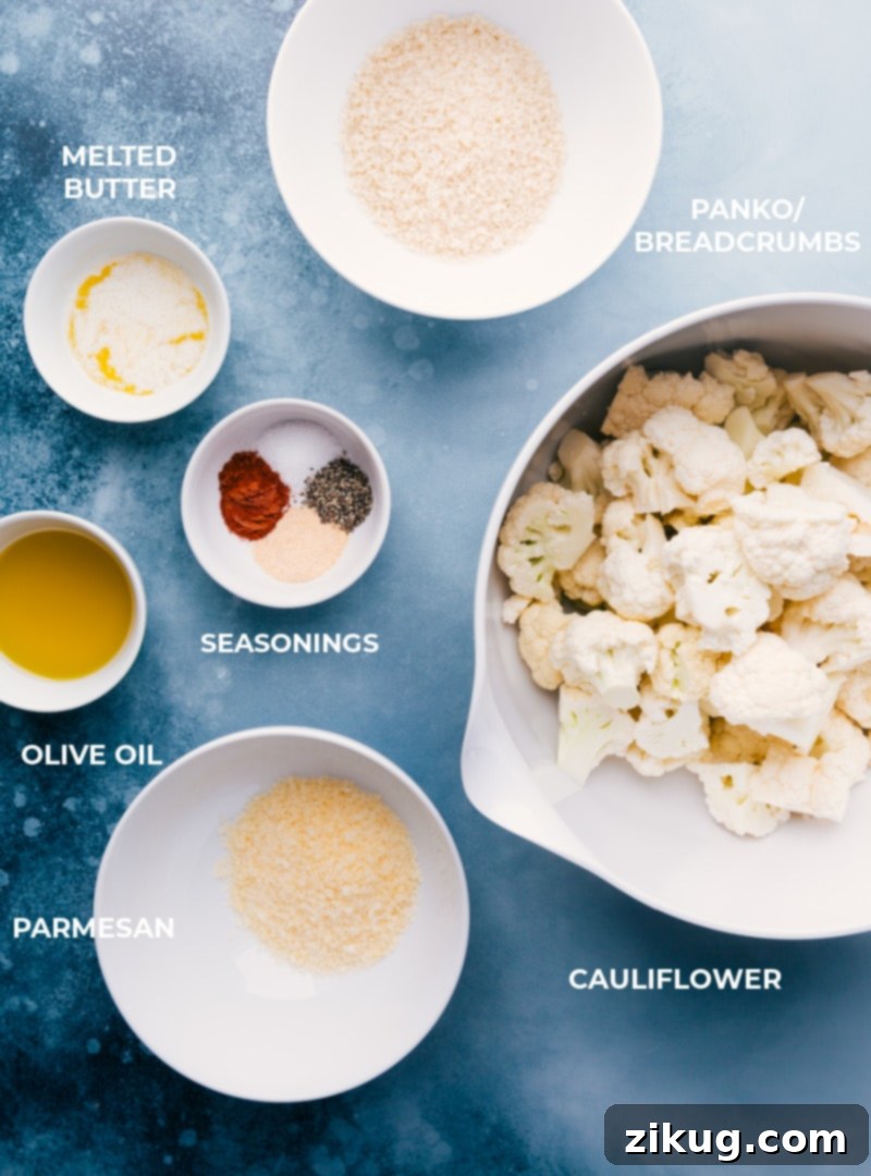 Roasted Cauliflower is the BEST way to enjoy this vegetable -- the high oven temperature yields beautiful caramelization with crisp edges and a tender interior. We have a basic, all-purpose Roasted Cauliflower recipe as well as a show-stopping Parmesan-breadcrumb-crusted version. Recipe via ChelseasMessyApron #side #thanksgiving #best #quick #easy #simple #healthy #cleaneating #snack #roasted #cauliflower Essential ingredients for preparing delicious roasted cauliflower.