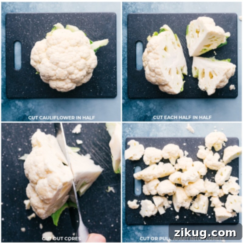 Roasted Cauliflower is the BEST way to enjoy this vegetable -- the high oven temperature yields beautiful caramelization with crisp edges and a tender interior. We have a basic, all-purpose Roasted Cauliflower recipe as well as a show-stopping Parmesan-breadcrumb-crusted version. Recipe via ChelseasMessyApron #side #thanksgiving #best #quick #easy #simple #healthy #cleaneating #snack #roasted #cauliflower Process of cutting cauliflower: whole head, quartered, core removed, and finally cut into bite-sized florets.
