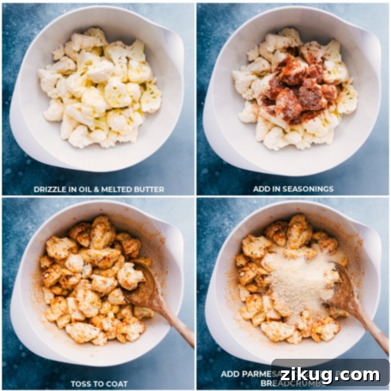 Roasted Cauliflower is the BEST way to enjoy this vegetable -- the high oven temperature yields beautiful caramelization with crisp edges and a tender interior. We have a basic, all-purpose Roasted Cauliflower recipe as well as a show-stopping Parmesan-breadcrumb-crusted version. Recipe via ChelseasMessyApron #side #thanksgiving #best #quick #easy #simple #healthy #cleaneating #snack #roasted #cauliflower Process shots showing cauliflower being drizzled with oil and butter, seasoned, tossed to coat, and then mixed with Parmesan and panko.