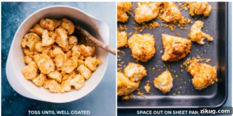 Roasted Cauliflower is the BEST way to enjoy this vegetable -- the high oven temperature yields beautiful caramelization with crisp edges and a tender interior. We have a basic, all-purpose Roasted Cauliflower recipe as well as a show-stopping Parmesan-breadcrumb-crusted version. Recipe via ChelseasMessyApron #side #thanksgiving #best #quick #easy #simple #healthy #cleaneating #snack #roasted #cauliflower Seasoned cauliflower florets spaced out on a sheet pan, ready for roasting.