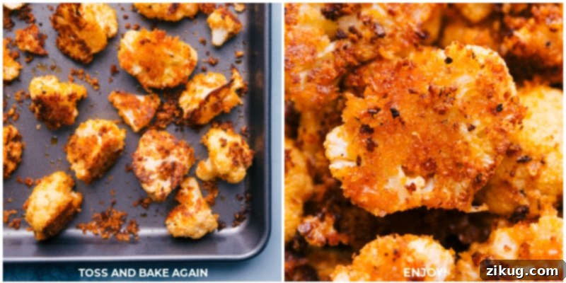 The high oven temperature yields beautiful caramelization with crisp edges and a tender interior. This recipe includes how to prepare a basic, all-purpose Roasted Cauliflower recipe as well as a show-stopping Parmesan-breadcrumb-crusted baked version. Recipe via ChelseasMessyApron #side #thanksgiving #best #quick #easy #simple #healthy #cleaneating #snack #roasted #cauliflower Close-up of freshly roasted cauliflower, perfectly caramelized and golden.