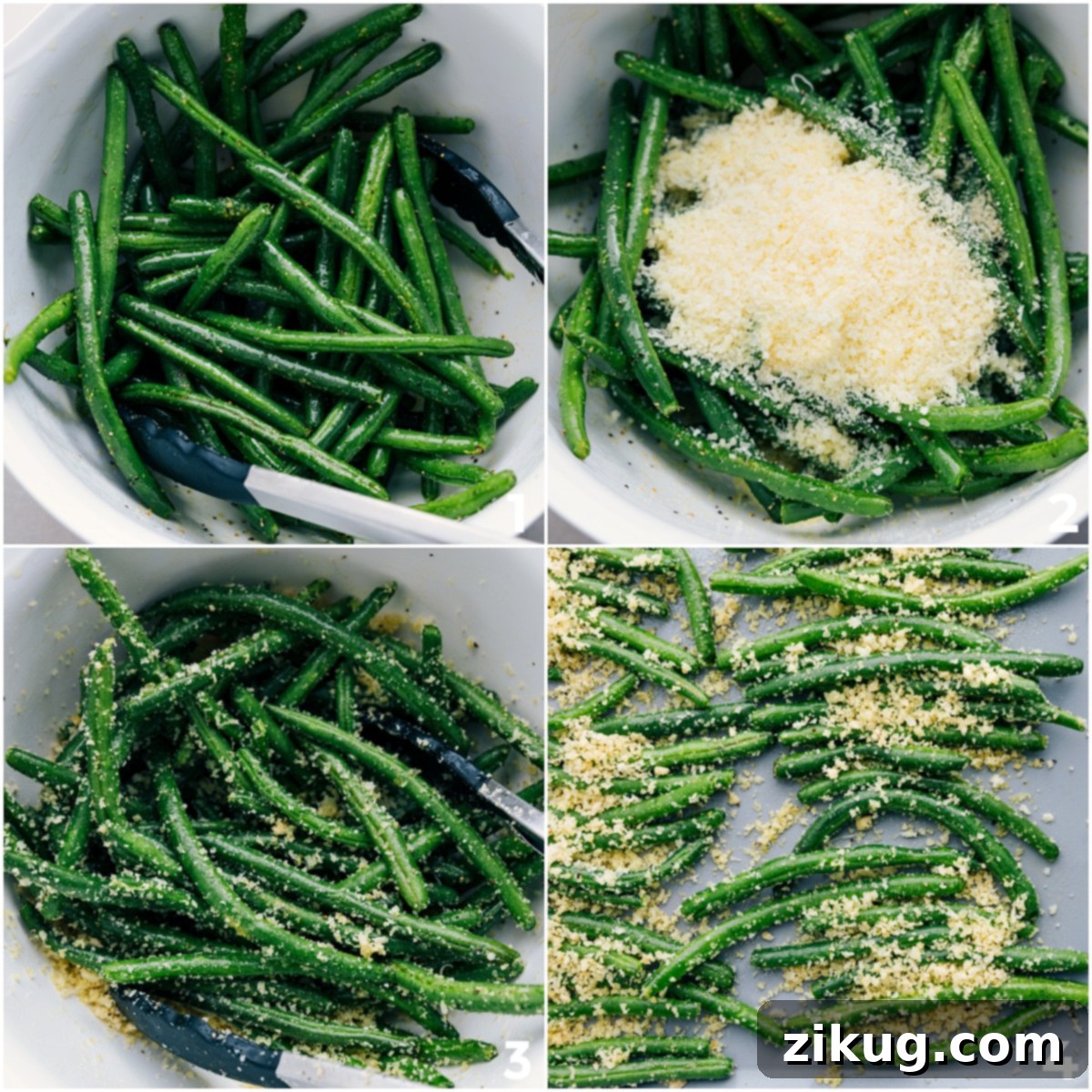 How To Make Roasted Green Beans Tossing green beans with olive oil, seasonings, Parmesan, and panko breadcrumbs on a baking sheet before spreading them out for roasting.