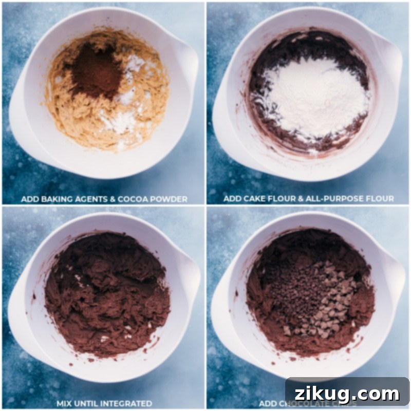 Crafting the ultimate 'Better Than Anything' cookies: baking agents, Dutch process cocoa, cake flour, and generous chocolate chips combine for a rich, gooey, caramel-loaded experience. Recipe via ChelseasMessyApron #dessert #best #quick #easy #simple #frosting #candybar #caramel #heathbar #cookies Process shots of baking agents, cocoa powder, flours, and chocolate chips being expertly mixed into the cookie dough