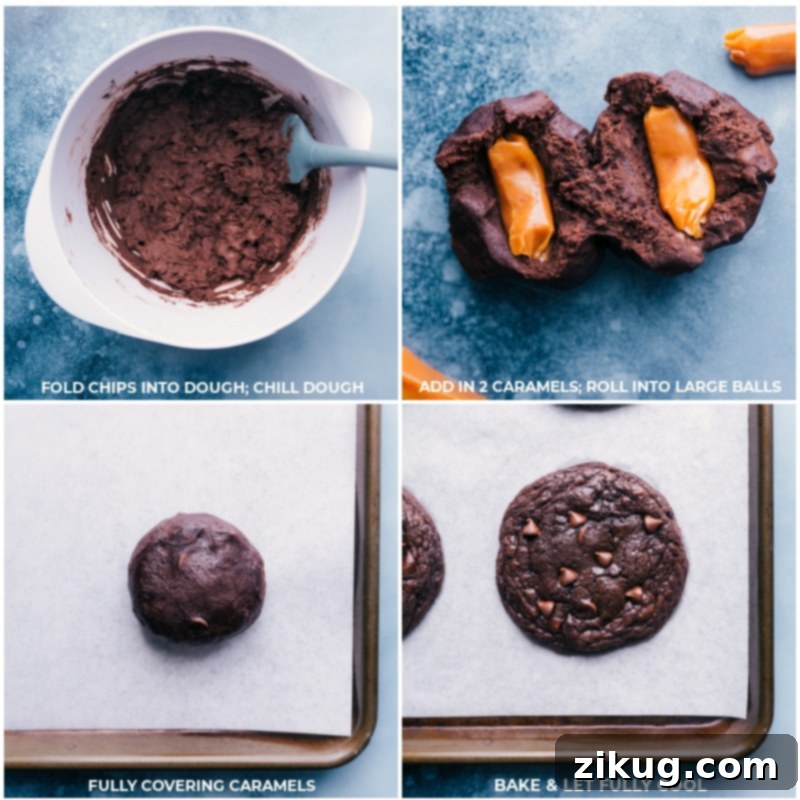 Heath Bar Cookies in the making: Caramels meticulously added to the dough, rolled into perfect balls, and ready for the oven. This creates the ultimate gooey, caramel-loaded chocolate cookie experience. Recipe via ChelseasMessyApron #dessert #best #quick #easy #simple #frosting #candybar #caramel #heathbar #cookies Process shots: Caramels are placed in the center of cookie dough, which is then rolled into a ball and prepared for baking.