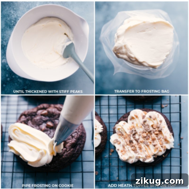 Heath Bar Cookies, truly life-changing! From 'Better Than Anything' cakes to the ultimate cookies: gooey, caramel-loaded, piled with whipped cream frosting, and garnished with crushed toffee bits. Recipe via ChelseasMessyApron #dessert #best #quick #easy #simple #frosting #candybar #caramel #heathbar #cookies Process shots: Whipped cream frosting being piped onto Heath Bar Cookies, followed by a sprinkle of Heath toffee bits for the perfect finish.