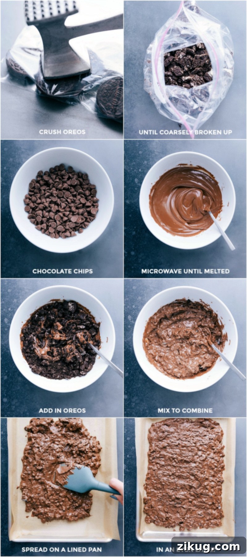 Preparing the festive and delicious Mummy Bark dessert by crushing Oreo cookies until broken up, melting milk chocolate chips in a microwave-safe bowl, and then mixing the crushed cookies into the melted chocolate to combine, before spreading the mixture on a parchment-lined sheet pan in an even layer.