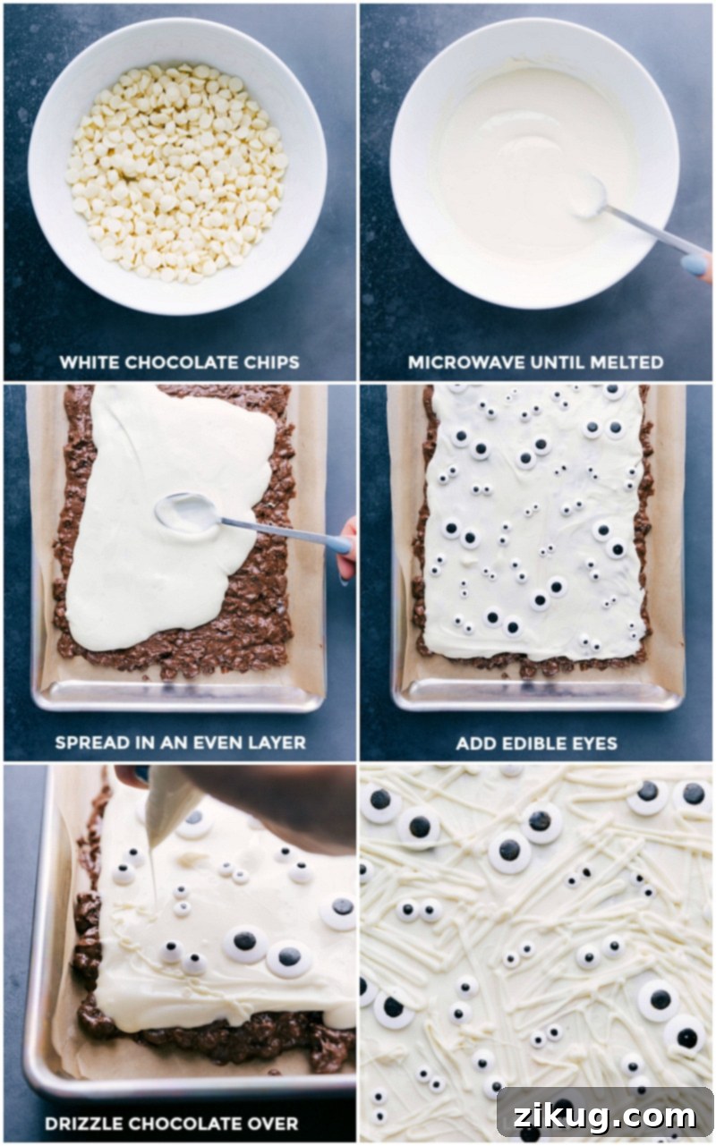 The final steps of decorating the Mummy Bark with melted white chocolate being poured or drizzled over the chocolate Oreo spread, carefully adding various candy eyes on top, and then expertly drizzling more white chocolate to create the iconic appearance of mummy bandages.