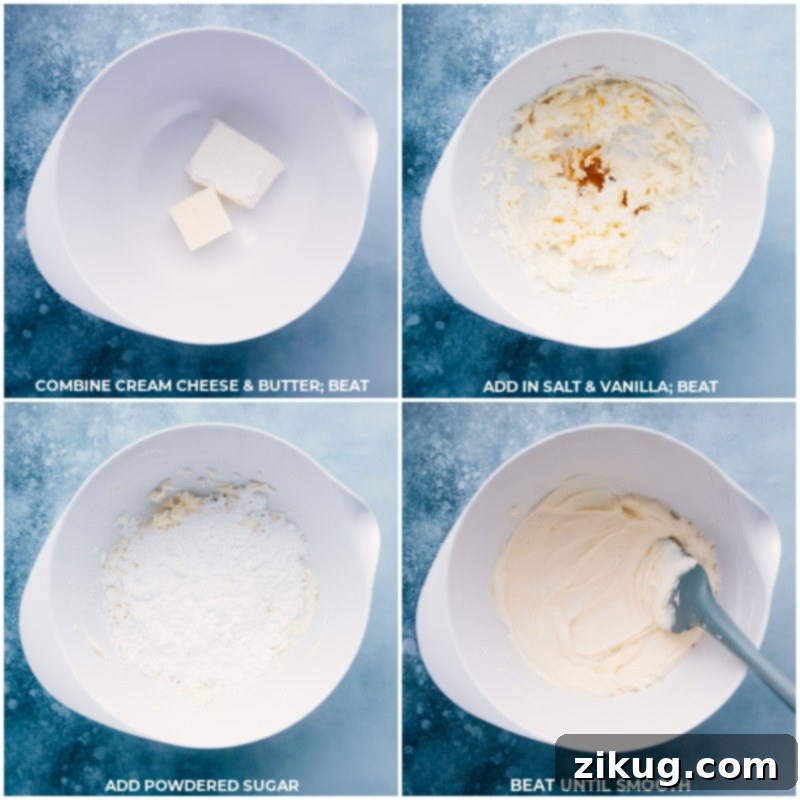How To Make Crumbl Oreo Cookies: Preparing the smooth and creamy frosting. Step-by-step image showing how to beat cream cheese and butter together, then add salt, vanilla, and powdered sugar for the frosting.