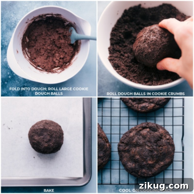 The best ever Crumbl Oreo Cookies dough, rolled in Oreo crumbs, ready for baking to perfection. Process shots showing cookie dough balls being rolled, coated in Oreo crumbs, and placed on a baking sheet, ready for baking.