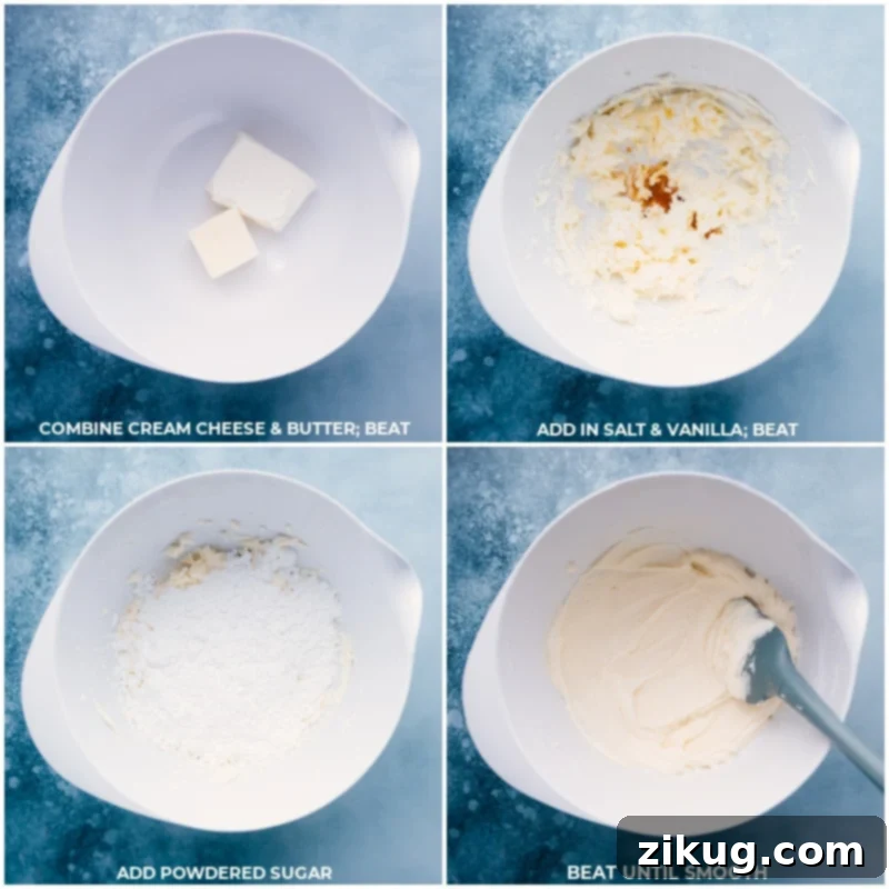 Preparing the creamy, dreamy cream cheese frosting for your Crumbl Oreo Cookies. Process shots of cream cheese frosting being prepared in a bowl with a hand mixer, showcasing its smooth texture.