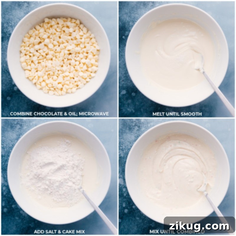 Process shots showing white chocolate being melted, and cake mix with salt being added and mixed into it.
