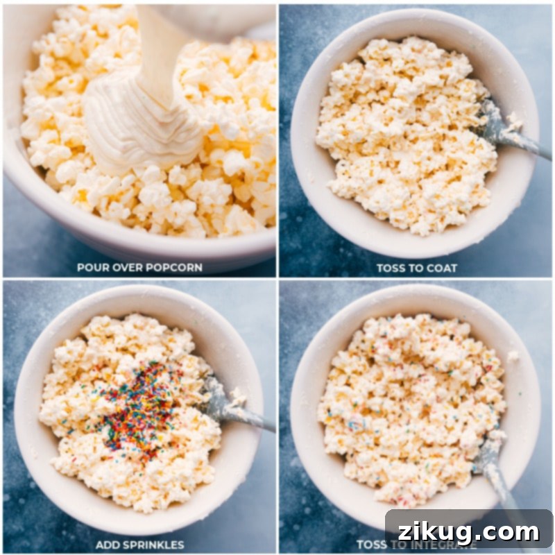 Process shots of the cake batter popcorn: chocolate mixture poured over popcorn, sprinkles added, and everything mixed together.