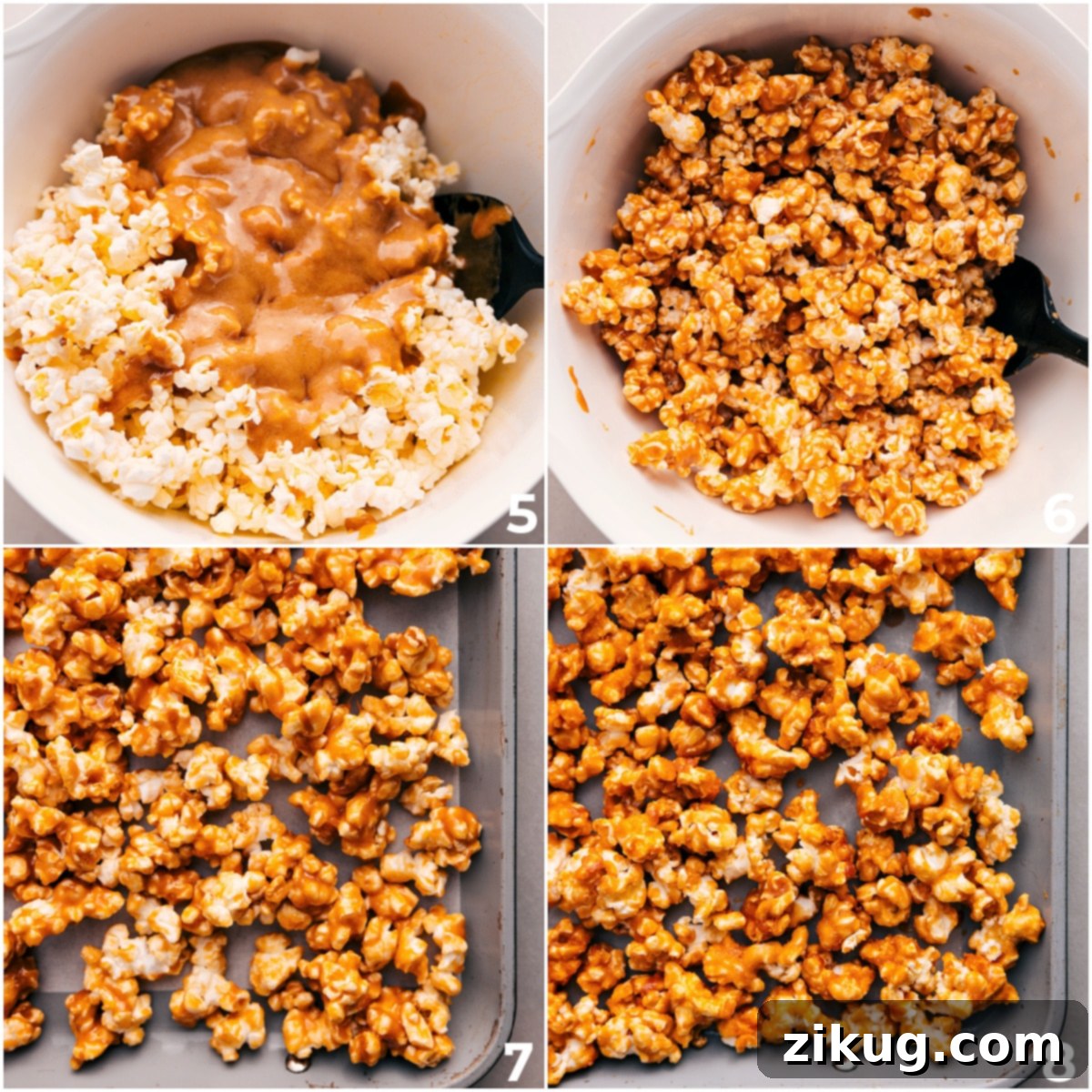Bake Zebra Popcorn for Ultimate Crunch and Flavor Caramel-coated popcorn being spread evenly on a sheet pan, ready for baking to achieve a crispy texture.