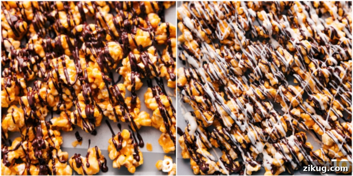 Double Chocolate Zebra Popcorn Perfection Crispy caramel popcorn, freshly out of the oven, being drizzled generously with both white and dark chocolate, creating classic zebra stripes.