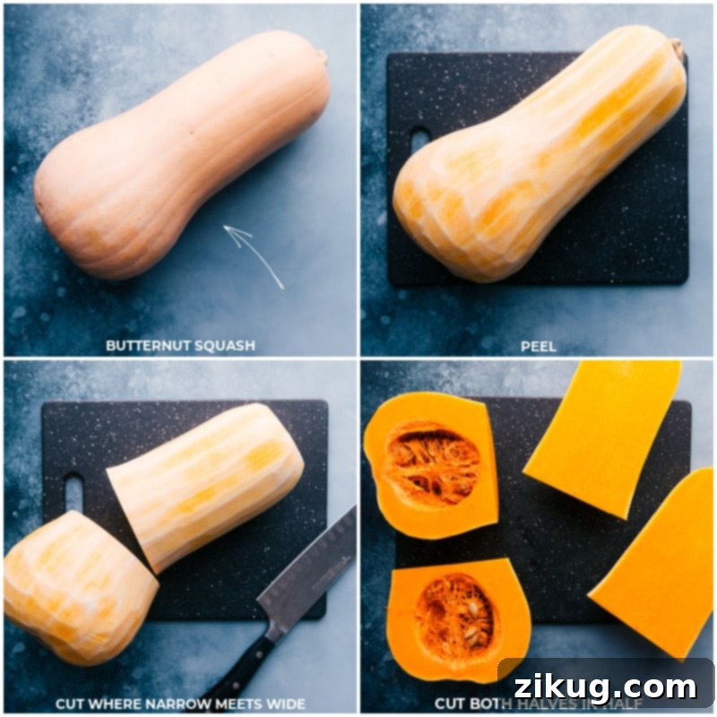Butternut Squash Preparation: Peeling and Cutting Step-by-step images showing butternut squash being carefully peeled and then cut into manageable pieces.